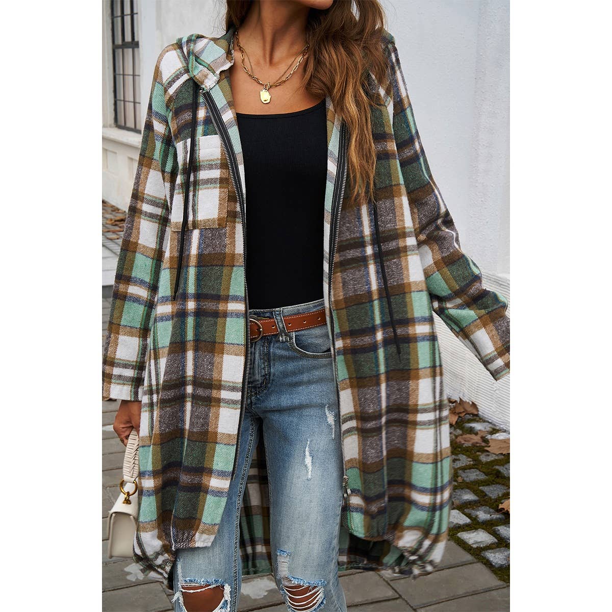 Supreme Fashion - Wholesale Coat - Women's - Plaid Zip Up Pockets Long Hooded Coat3