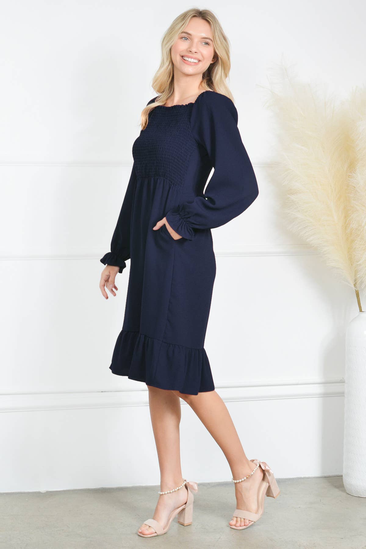 Loven x Mini Momo - Wholesale Dress - Women's - Smocking Dress Long Sleeve Ruffle Hem Smocking Crepe Midi10