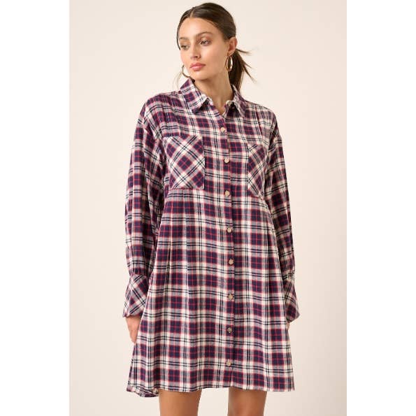 mittoshop - Wholesale Dress - Women's - PLAID BUTTON DOWN OVERSIZE MINI SHIRT DRESS0