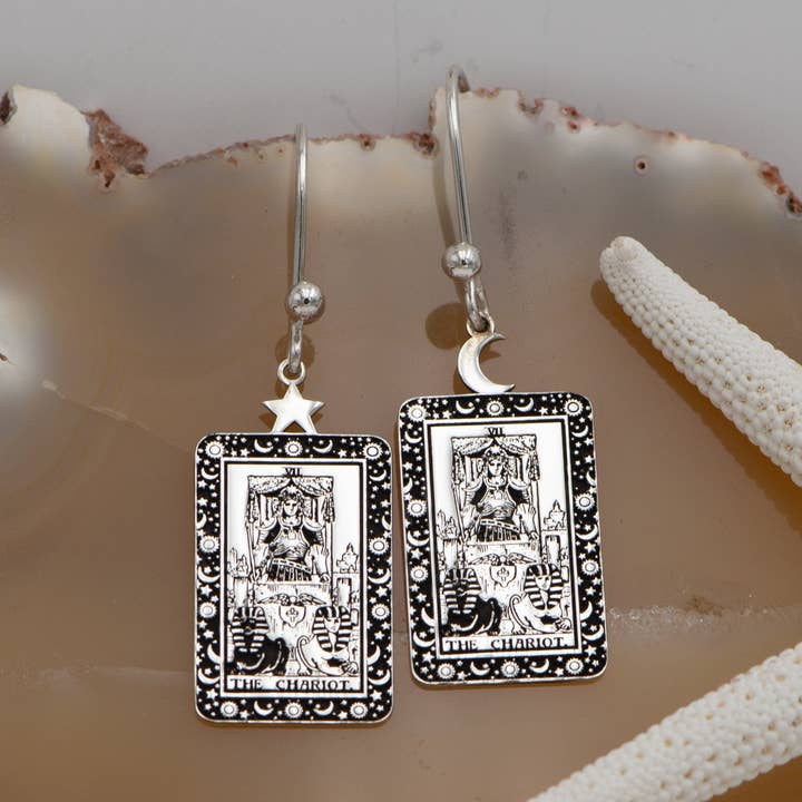 The Chariot Tarot Card Engraved 925 Sterling Silver Earrings for wholesale by DreamedBy