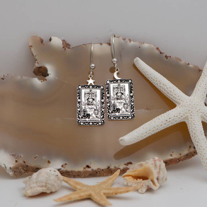 The Chariot Tarot Card Engraved 925 Sterling Silver Earrings for wholesale by DreamedBy