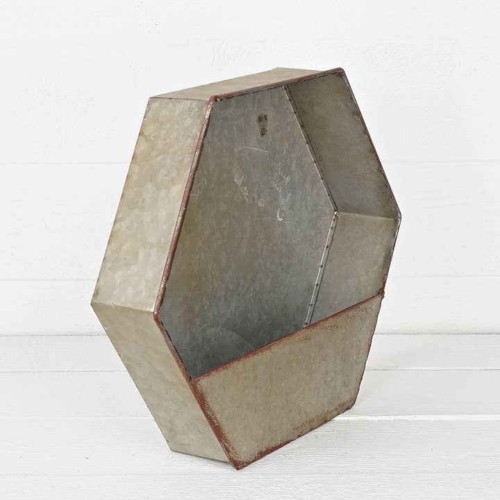 Impressive Enterprises, Inc. - Wholesale Decorative Tabletop Object - 16inW Vintage Galvanized Hexagon Pocket Wall Planter