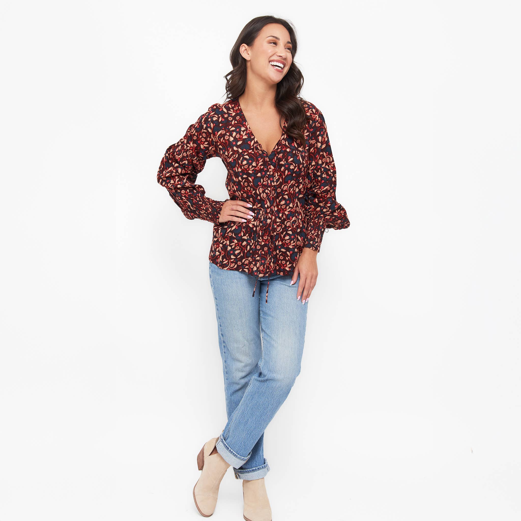 Elsie & Zoey - Vente Chemisier – femme - Blouse à manches longues à volants et col en V avec motif floral Drew1