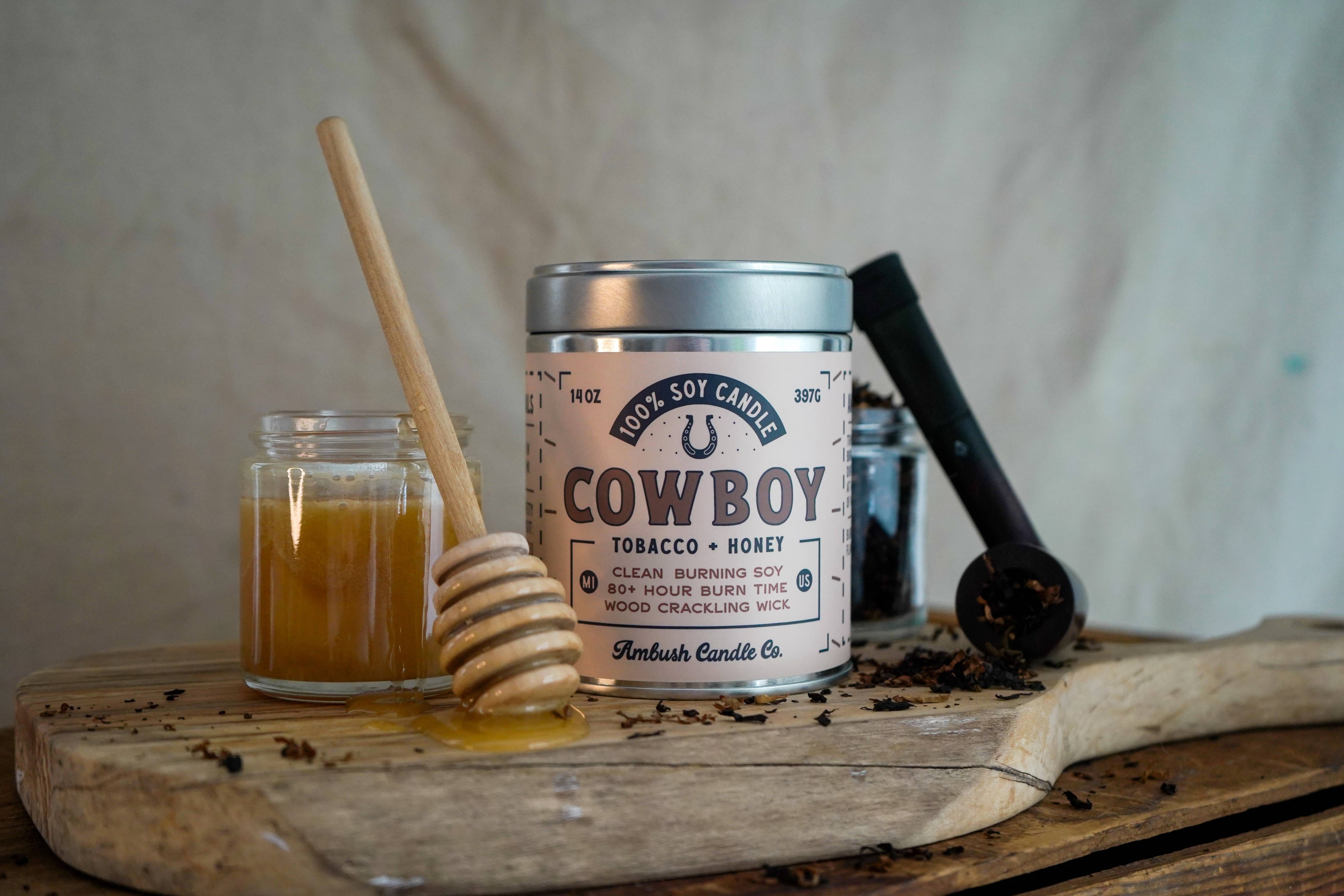 Ambush Candle Co. - Wholesale Jar/Filled Candle - Cowboy | Tobacco + Honey 14oz Soy Candle1