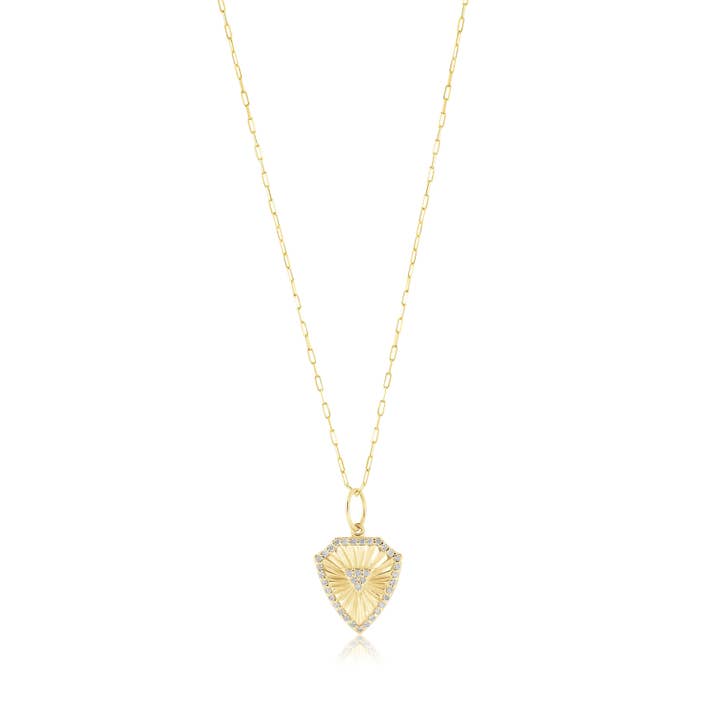 diamond pave fluted shield necklace for wholesale by Ela Rae Jewelry Llc.