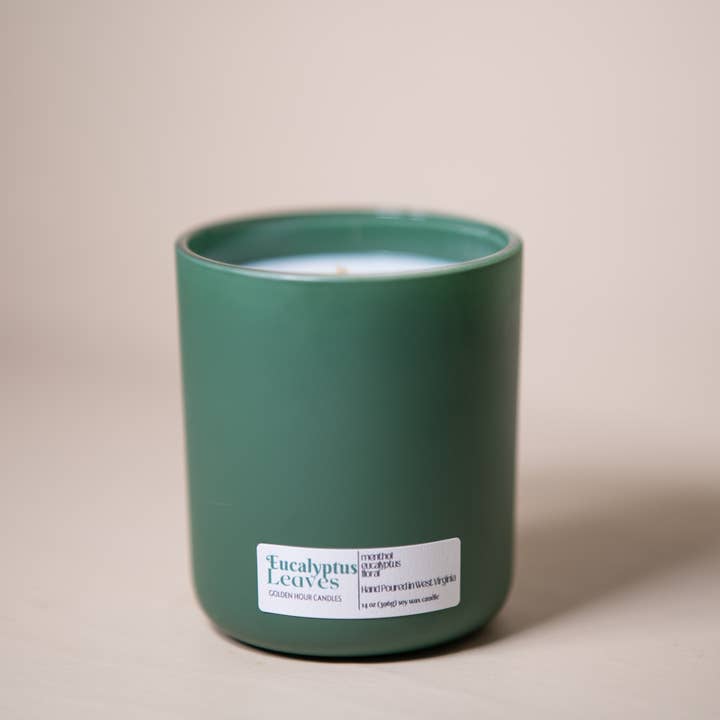 Eucalyptus 14 oz Soy Wax Candle - Green Jar for wholesale by Woods & Spice