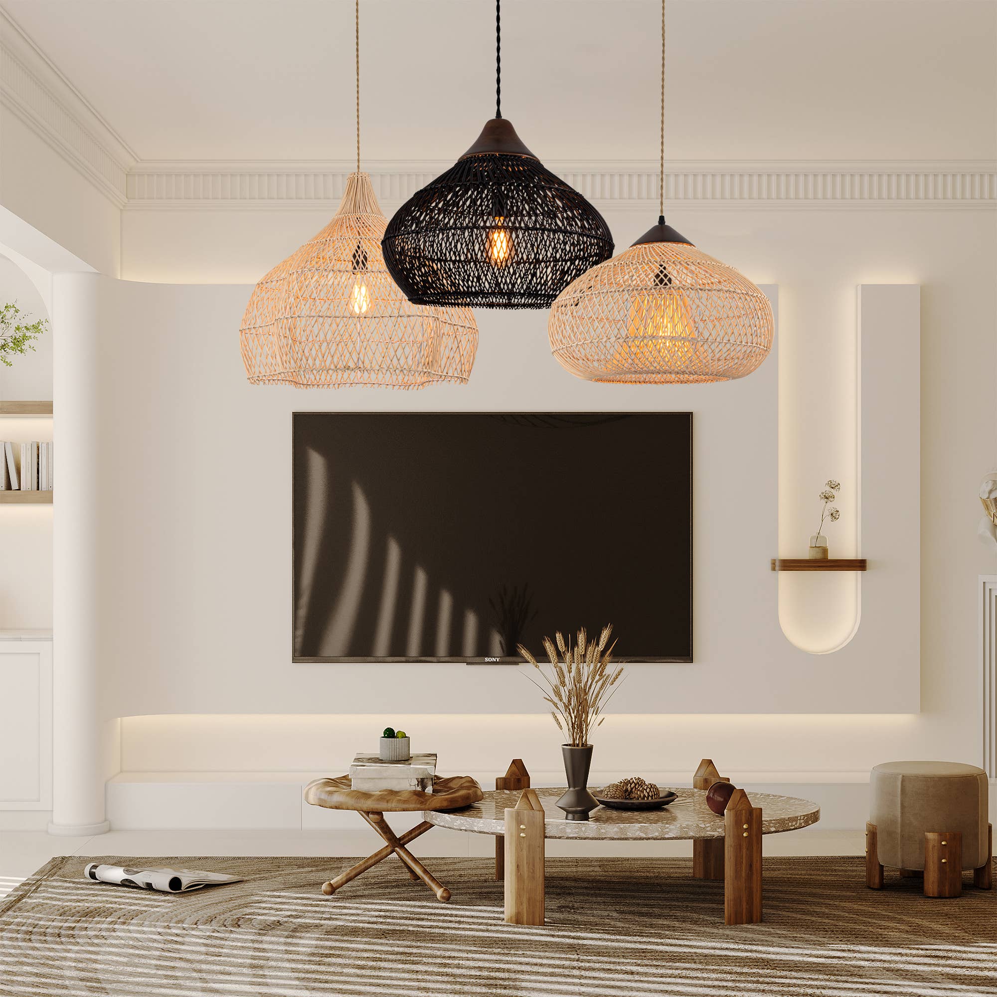 Noir Mat Grande lampe suspendue en rotin Coastal, plafonnier noir mat en vente sur Faire7