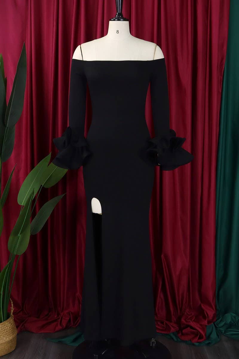 NINEXIS - Wholesale Gown - Women's - CWDMD1729_ONE SHOULDER SLIT RUFFLE SLEEVE EVENING MAXI DRESS3