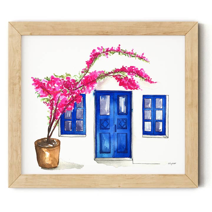 Blue Doors of Oia, Greece, Travel Watercolor Wall Art for wholesale by KelseyMDesigns