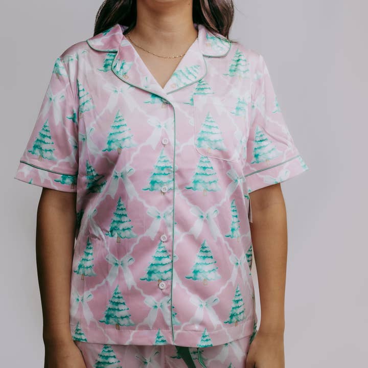 Pink TZ27 Christmas Bows Satin Pajamas Shorts Set for wholesale on Faire