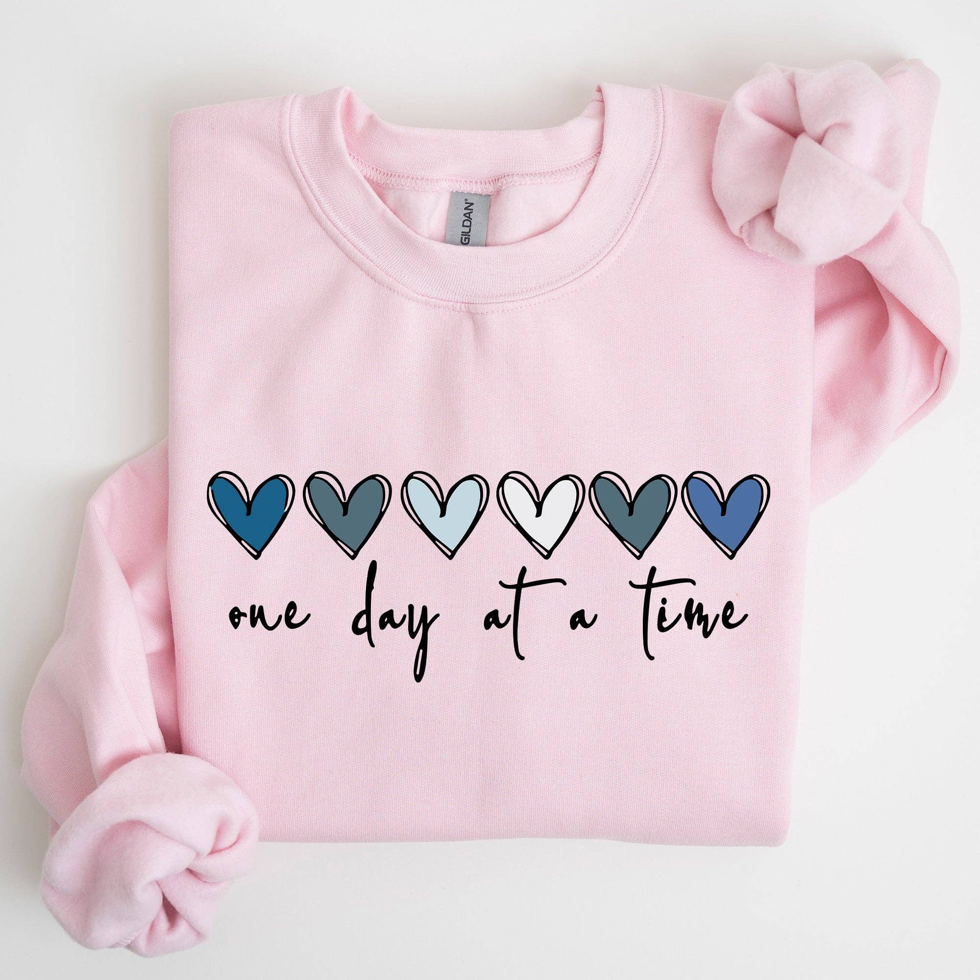 Refinery Number One LLC – wholesale Graphic sweatshirt – Women’s – One Day At A Time, Mental Health,Wellness, Hearts Sweatshirt2