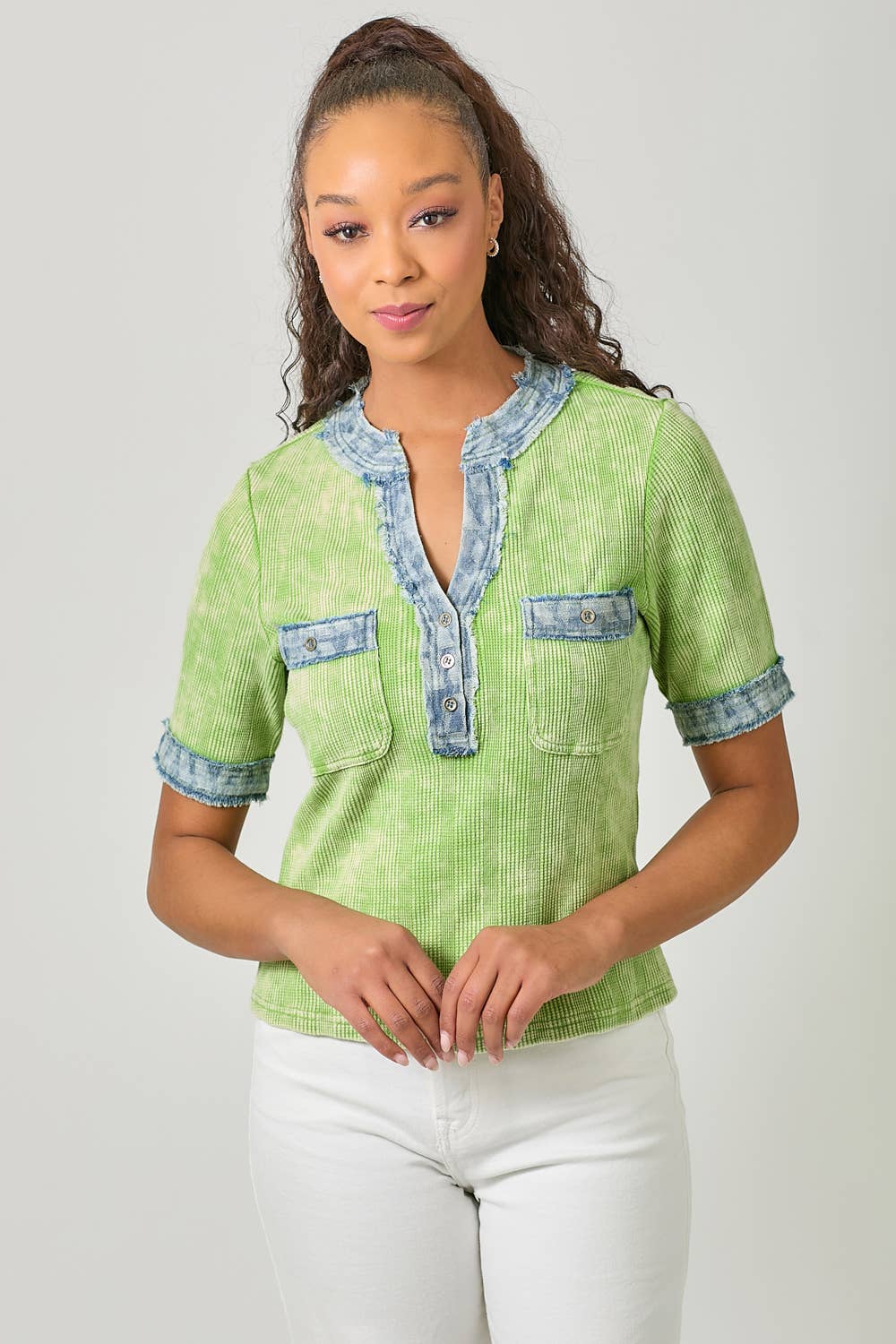 Mystree - Wholesale Blouse - Women's - 60981 Frayed Denim Trim Top 21
