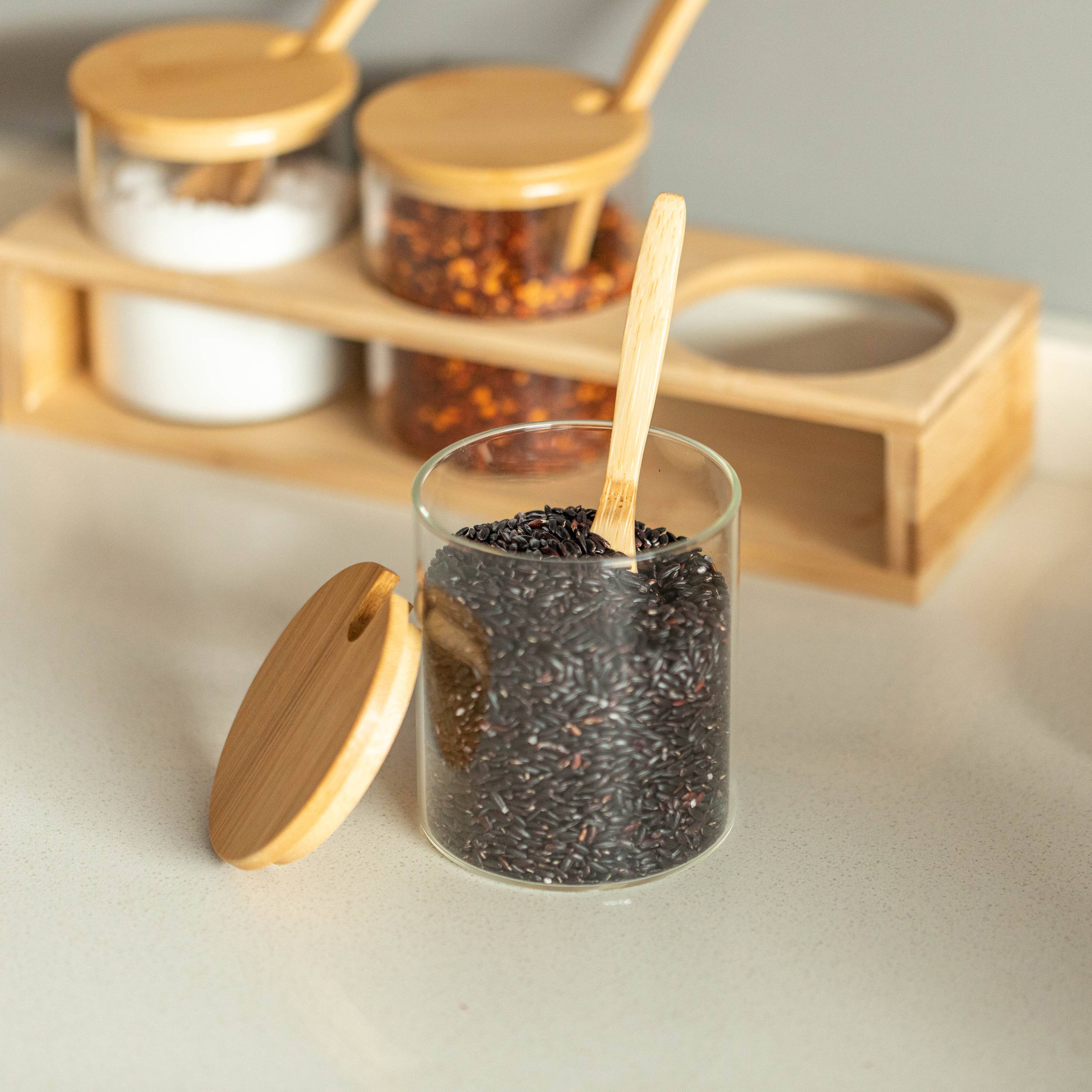 Quickway Imports - Wholesale Kitchen storage/organiser - Basicwise 3-Piece Glass Containers with Bamboo Lids and Tray3