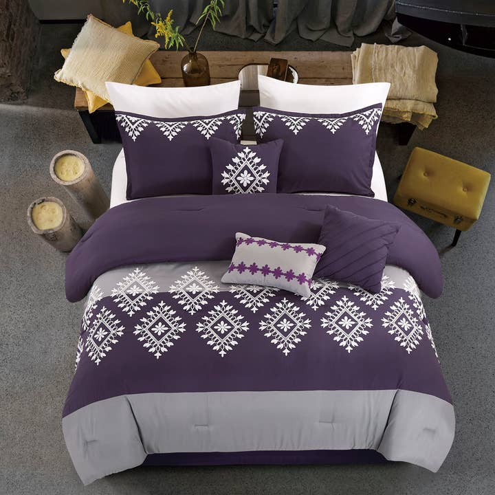 JML - Wholesale Bedding Set - 7 Pieces Comforter Set Bed in A Bag (Purple&Gray)1