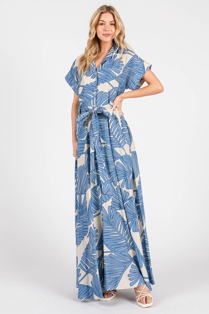 B I G H I T Fashion - Wholesale Dress - Women's - Palm Print Short Sleeve Button-Down Maxi Dress HD3020-BLUE8