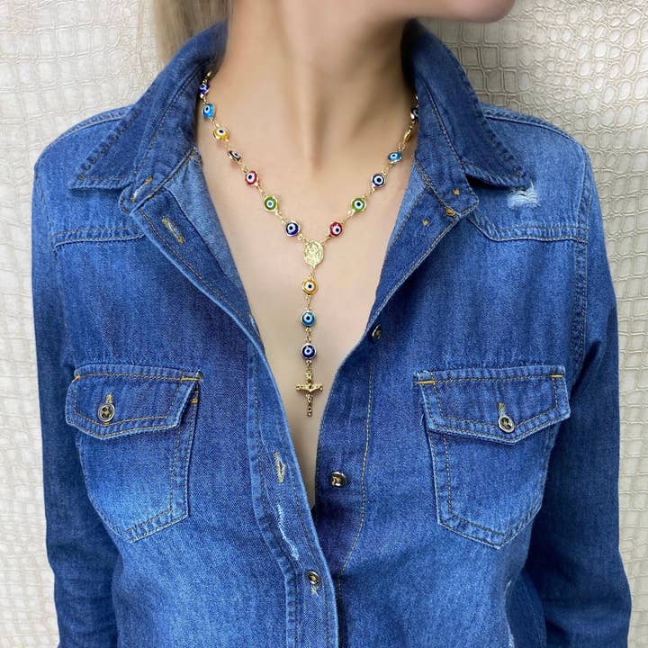 Luxus Accessories - Vendita all'ingrosso Collane a grani - Rosario a forma di divino bambino con occhi greci colorati riempiti in oro 18 carati o Br4