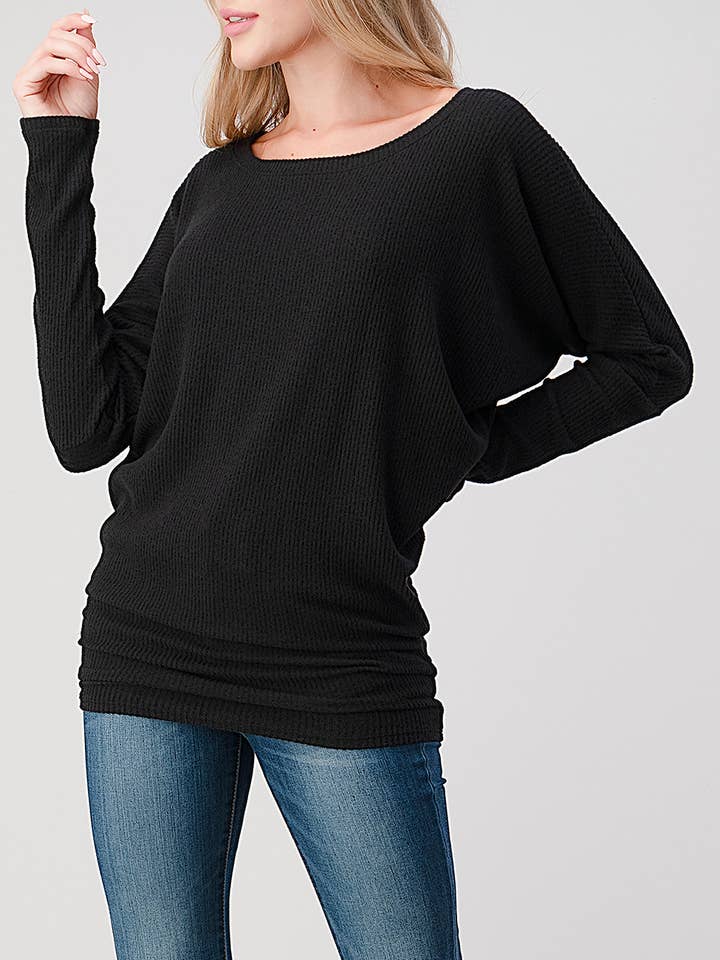 Camisola comprida de manga Dolman com gola redonda e gola redonda em malha escovada, T342 por atacado de Heimious