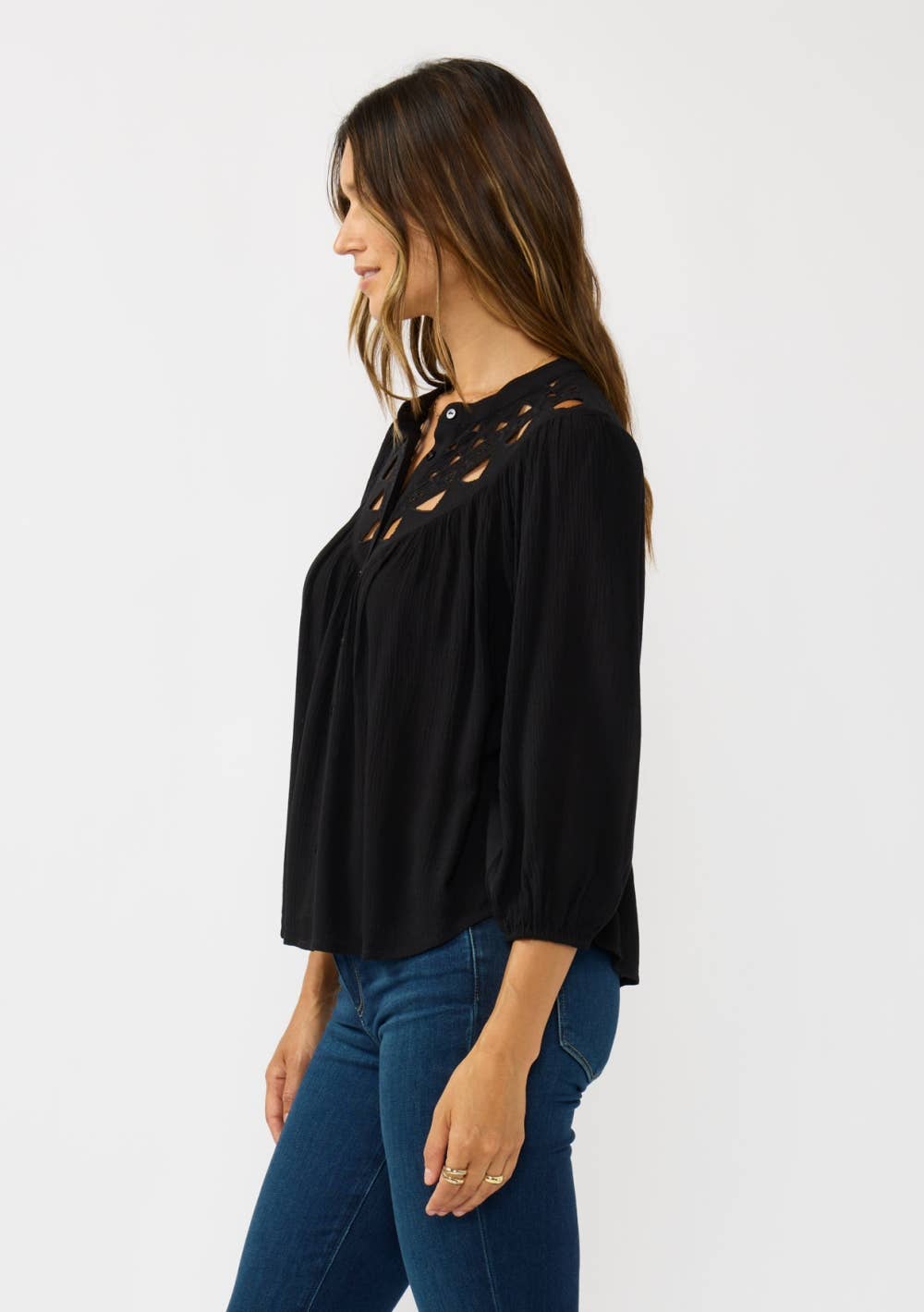 BLACK Embroidered Cutout Yoke Button Down Blouse for wholesale on Faire1