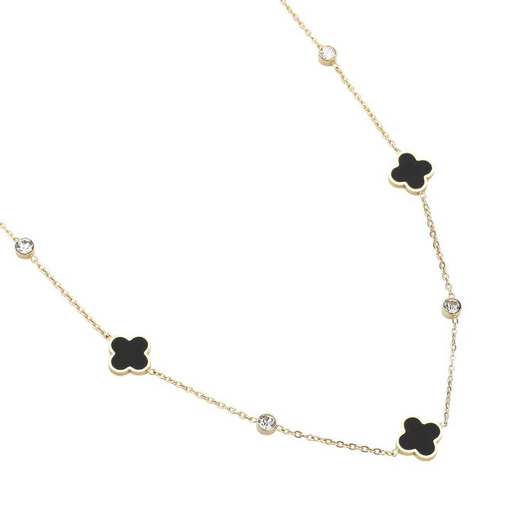 Wona Trading, Inc. - Wholesale Pendant/Charm Necklace - Stainless Steel Quatrefoil Stone Bezel Station Necklace