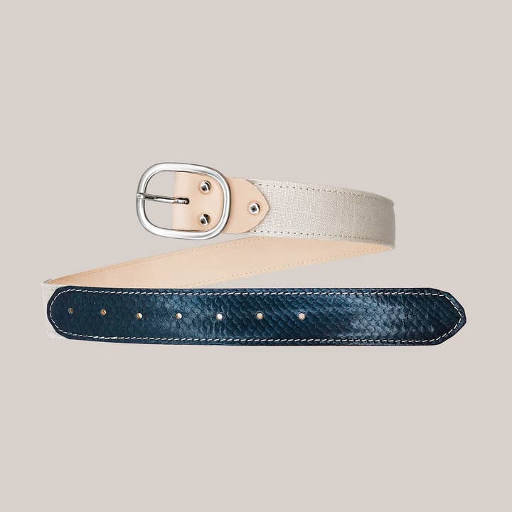 Blue Salmon Leather And Linen Belt for wholesale by Nilau