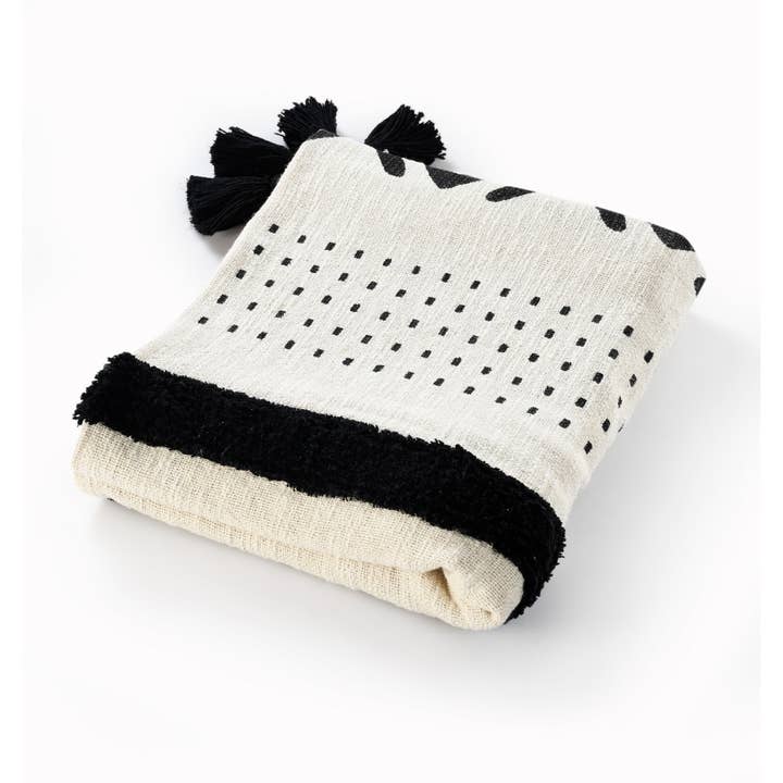 HomeRoots - Wholesale Throw Blanket - Black and White Woven Cotton Striped Throw Blanket