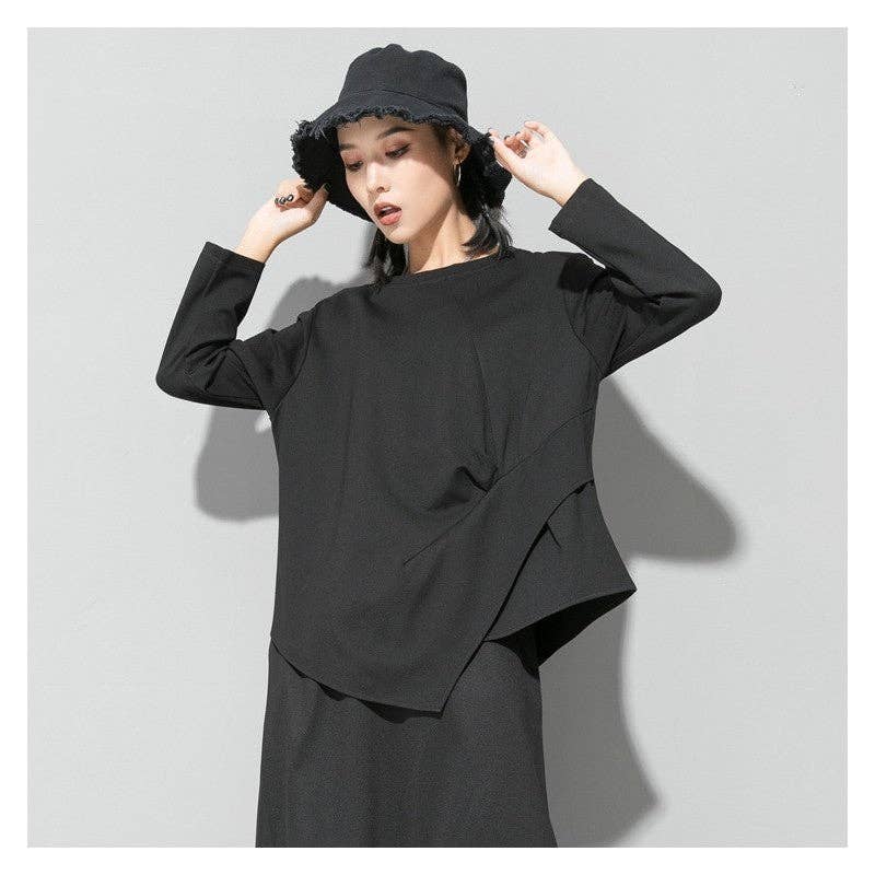 BLACK Solid Color Irregular Long Sleeve T-Shirt for wholesale on Faire0