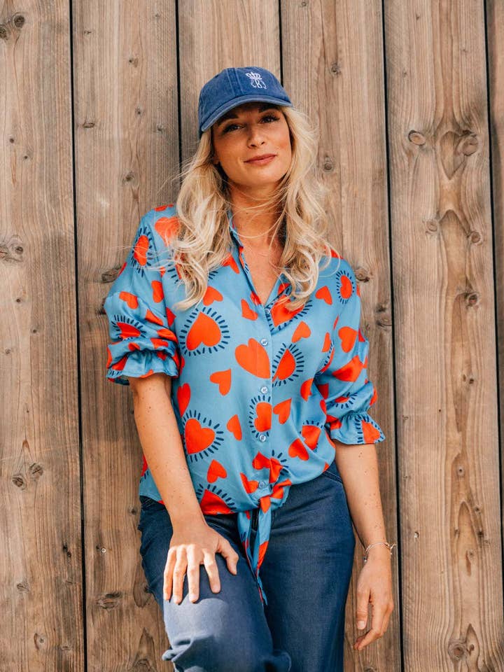 COME - Chemisier Noué Manches 3/4 Volants Bleu Coeurs Rouges pour la vente par LES BLONDINETTES