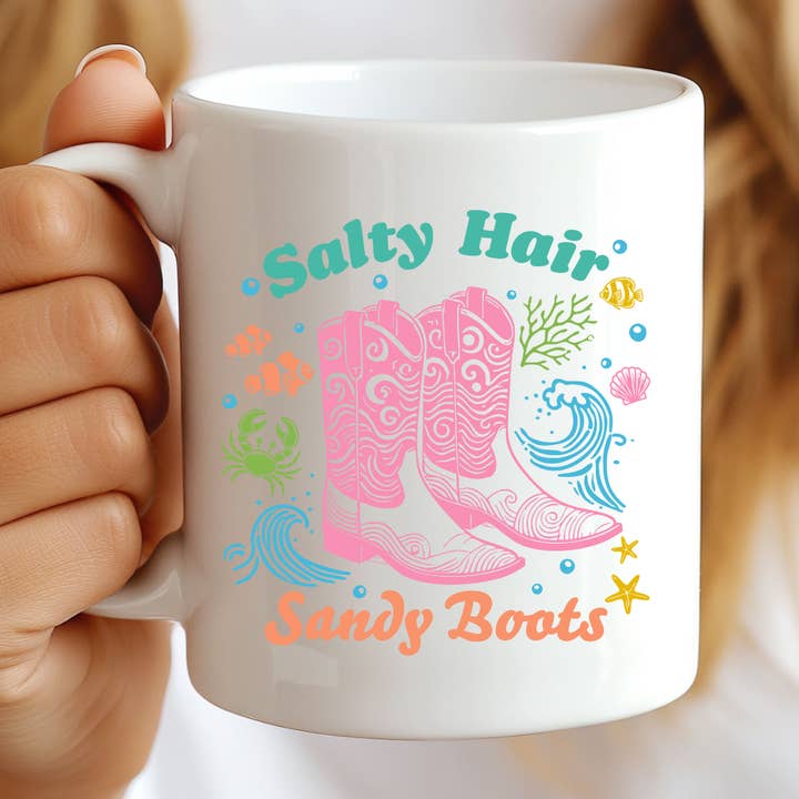Salty Hair Sandy Boots Summer Mug for wholesale by Hello Gorgeous Mugs