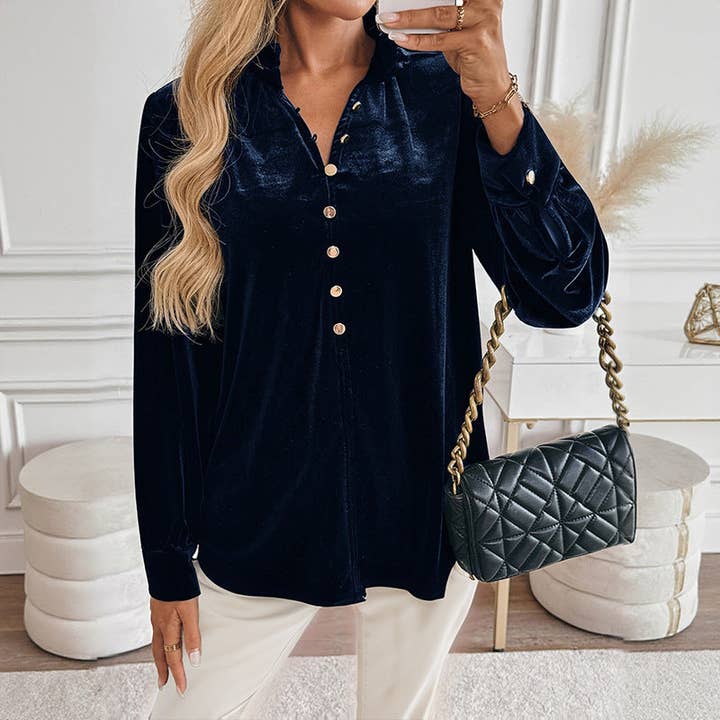 Navy Blue Velvet V Neck Button Down Long Sleeve Elegant Blouse for wholesale on Faire3
