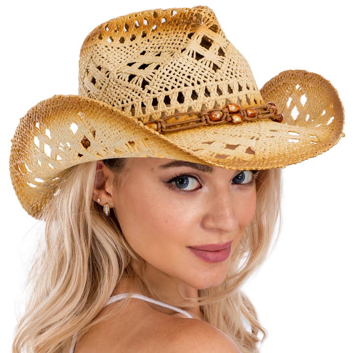 Cap Zone - Wholesale Straw Hat - Women's - Lightly Beaded Vintage Burnt Crochet Straw Cowboy Hat