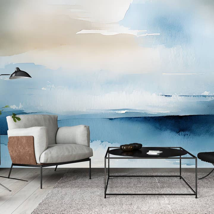 Fresque murale abstraite côtière Papier peint moderne en vinyle toile pelable et collable ou non-tissé pour la vente par ELOISE WORLD STUDIO