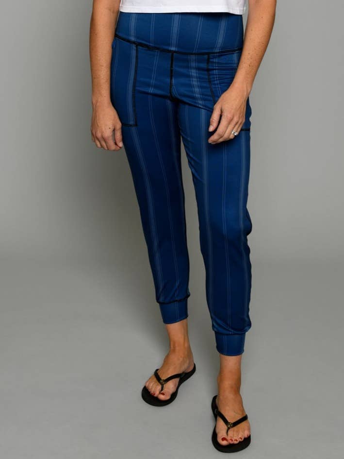 Pantaloni da jogging reversibili blu Shibori e blu gessati per la vendita all'ingrosso da parte di Flip Outfit