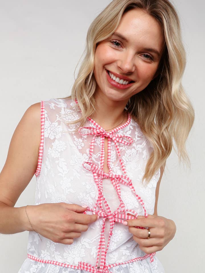 WHITE RED Gingham Check Ribbon Floral Burnout Vest for wholesale on Faire