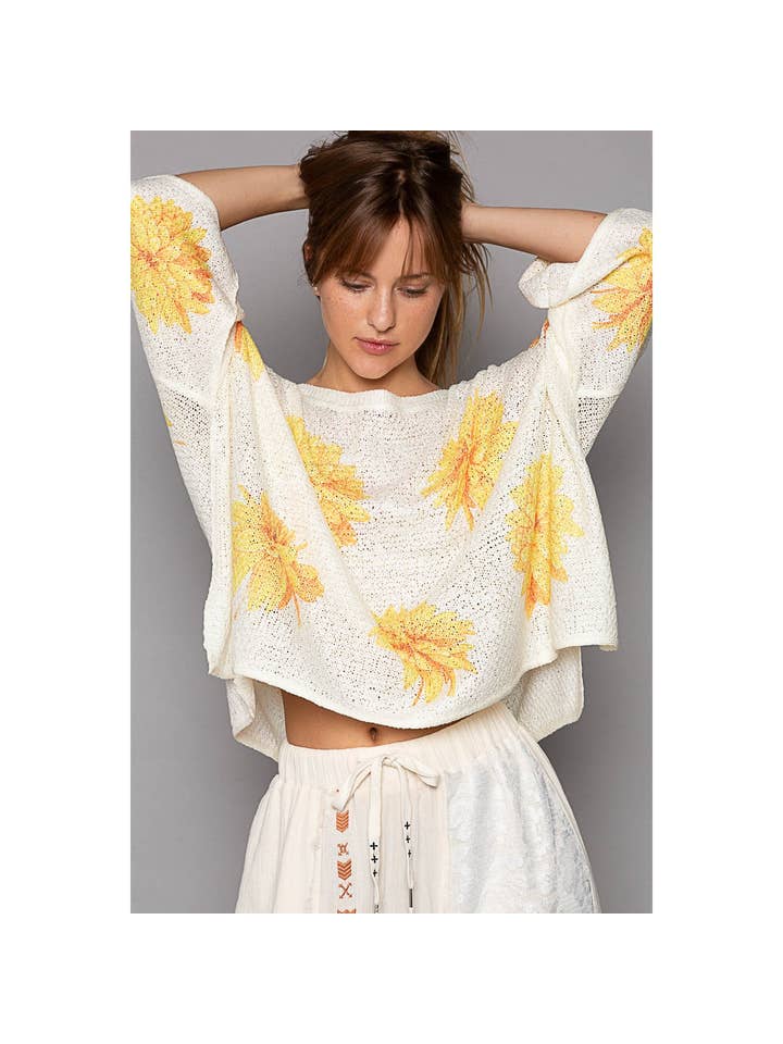 Pol Clothing - Wholesale Knit Sweater - Women's - Round neck flower print solid light weight sweater