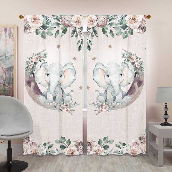 Modern Boho with Moon and Elephant Blackout Curtains for wholesale by Empowering Decor