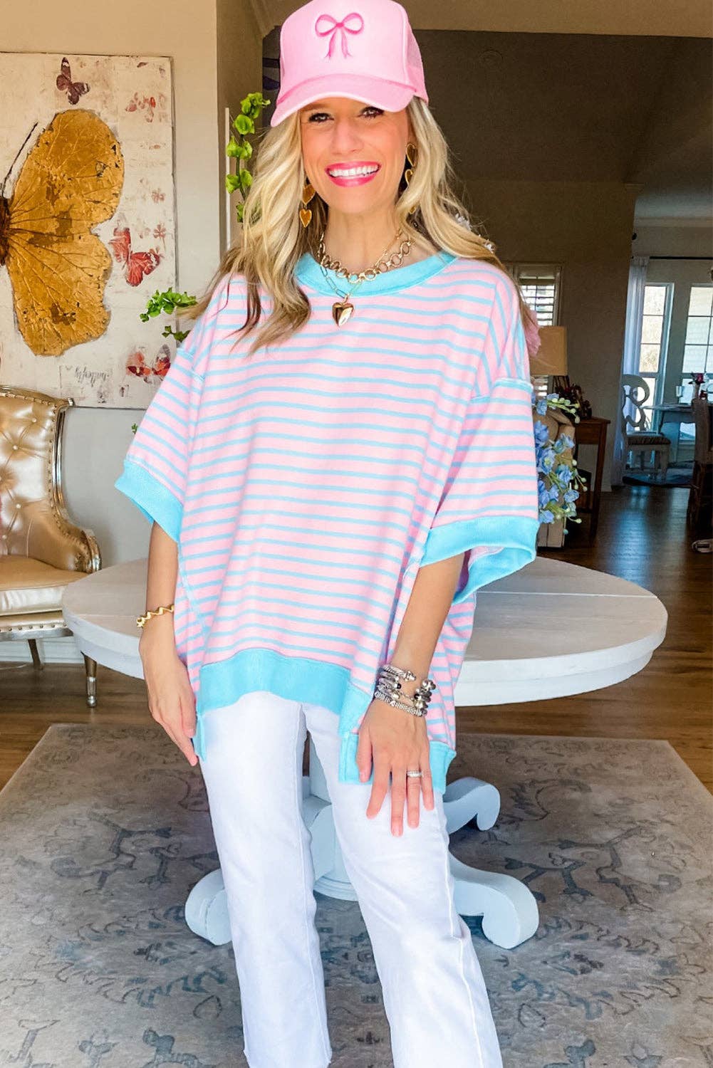 Pink Stripe Colorblock Drop Sleeve Loose Top for wholesale on Faire5