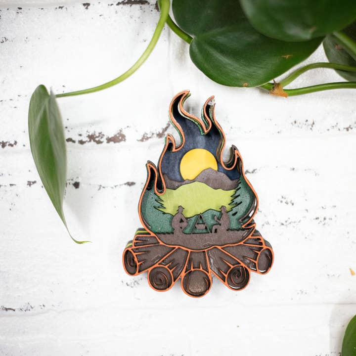 Laser Cut Camp Fire, Camping 3D Diorama, Handmade Camping Scene with Fire, Wall Art, Camp Decor for wholesale by The McGarvey Workshop