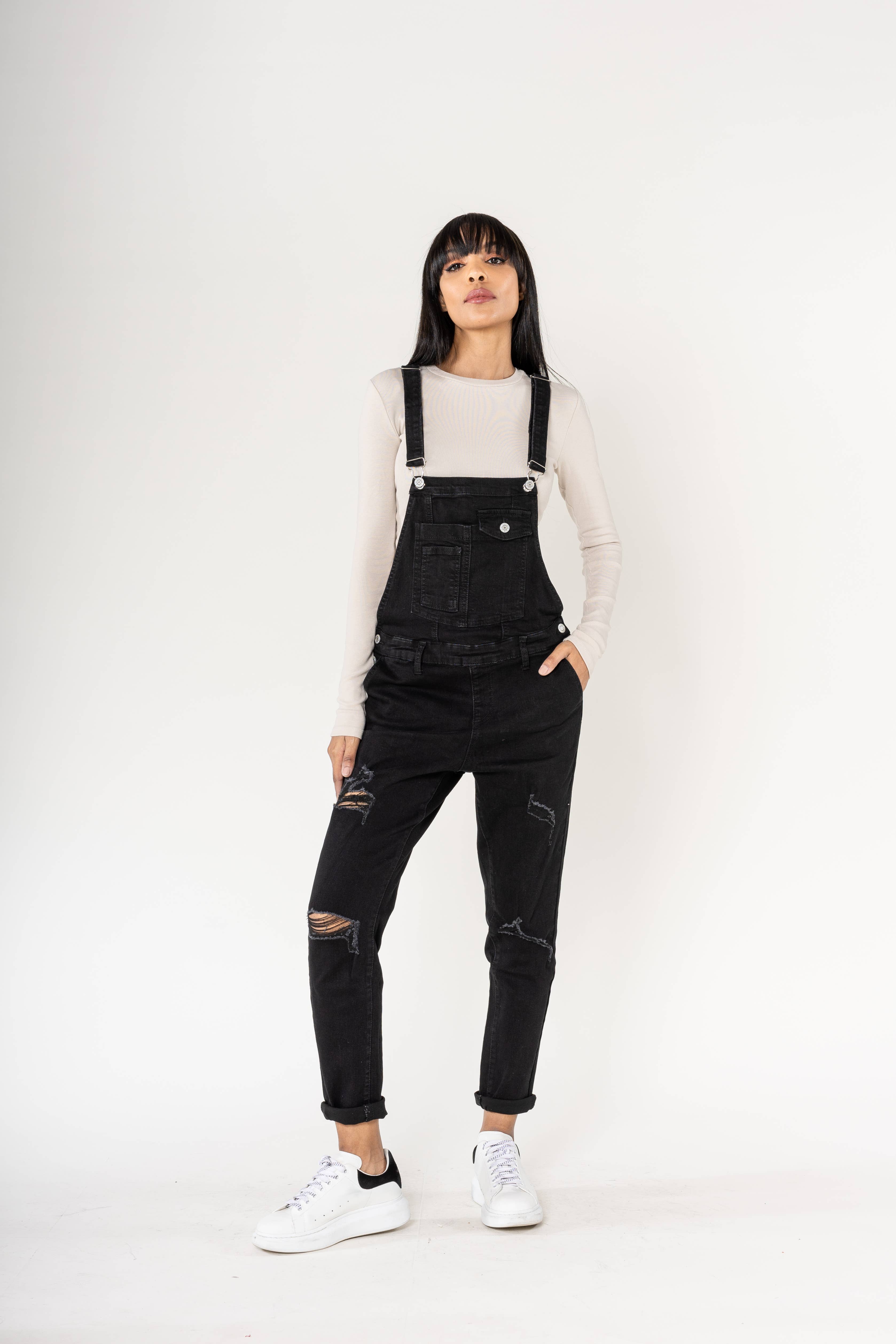 Nina Carter - Wholesale Overalls - Women's - Destroy denim overalls in wide stretch boyfriend jeans S5358