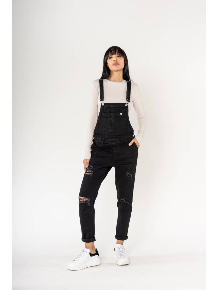 Nina Carter - Wholesale Overalls - Women's - Destroy denim overalls in wide stretch boyfriend jeans S5358