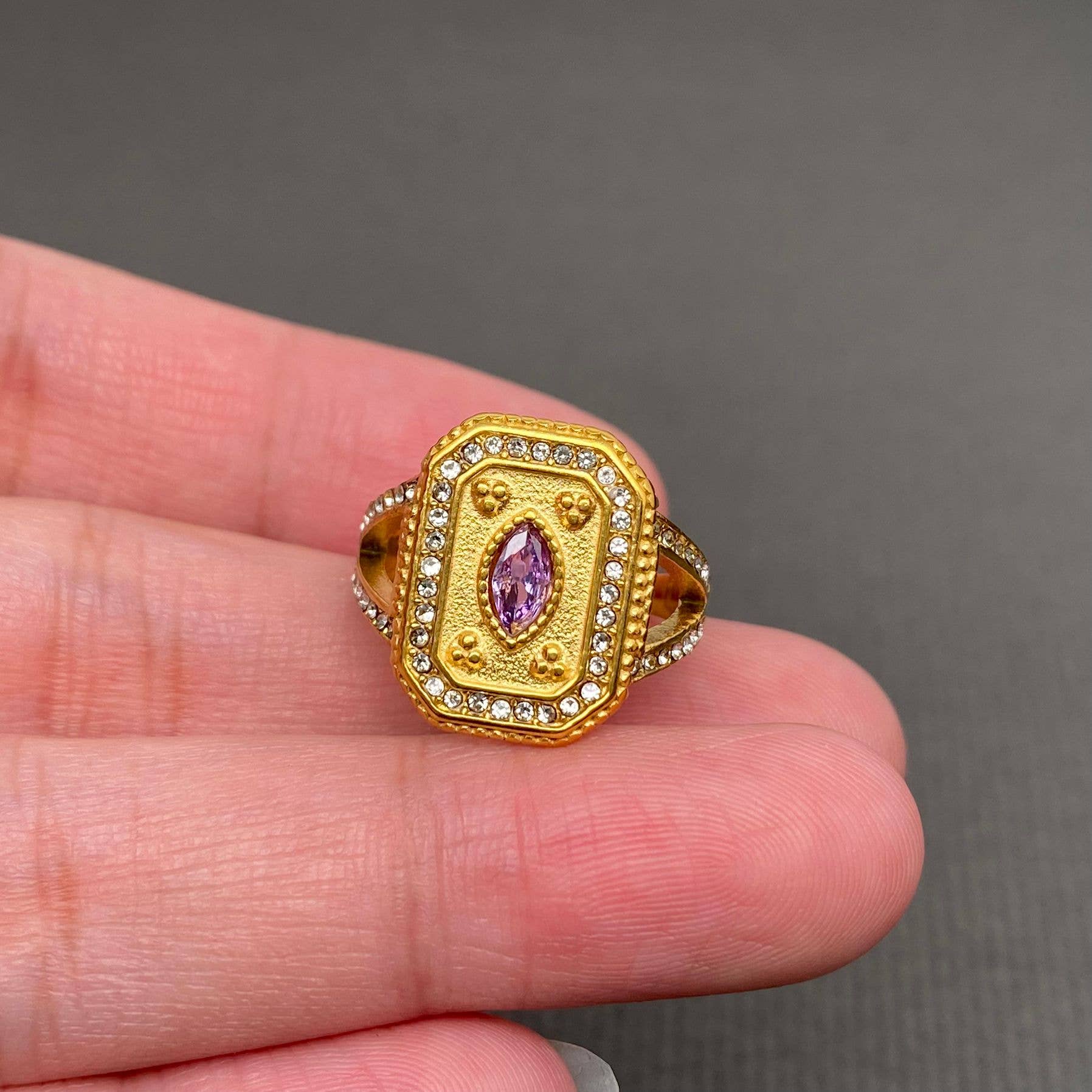 Mio Queena - Wholesale Cocktail/Statement Ring - Inlaid CZ Enamel 18K Gold Plated Stainless Steel Ring - FGS1