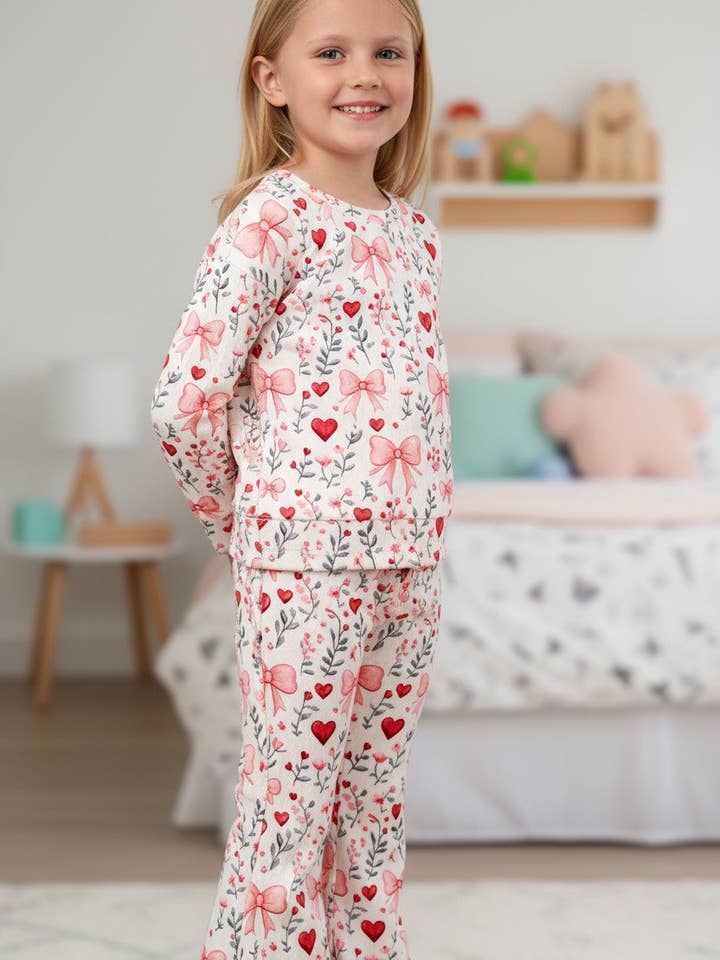 Kids Charm Online - Wholesale Sleepwear Set - Kids - Heart & bow printed girls 2 piece set. OFG52847 SOL