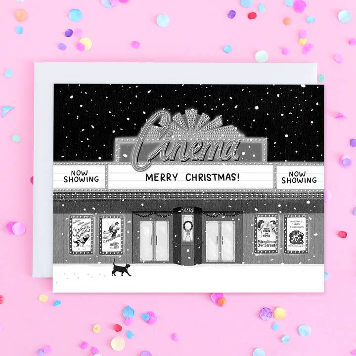 Cinema Cat Christmas card for wholesale by Kate Gabrielle
