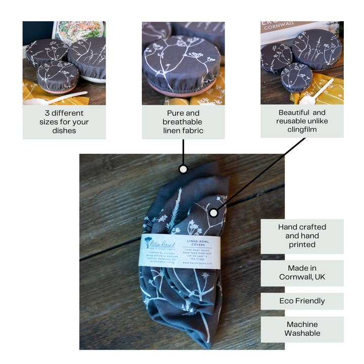 Helen Round - hand printed linen and bamboo wellness - Wholesale Food storage wrap/bag - Linen Bowl Covers , Set of 3 Bowl Coverings, Hand Printed7