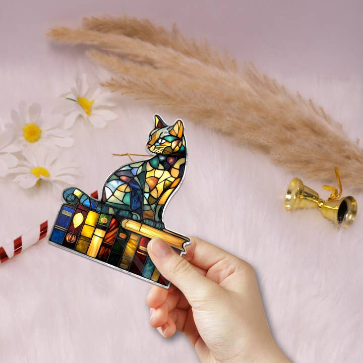 Merchemy - Vente Décoration murale – enfant et bébé - Ornement ACRYLIQUE Chat Et Livre Chat Lisant Suspension de Fenêtre6