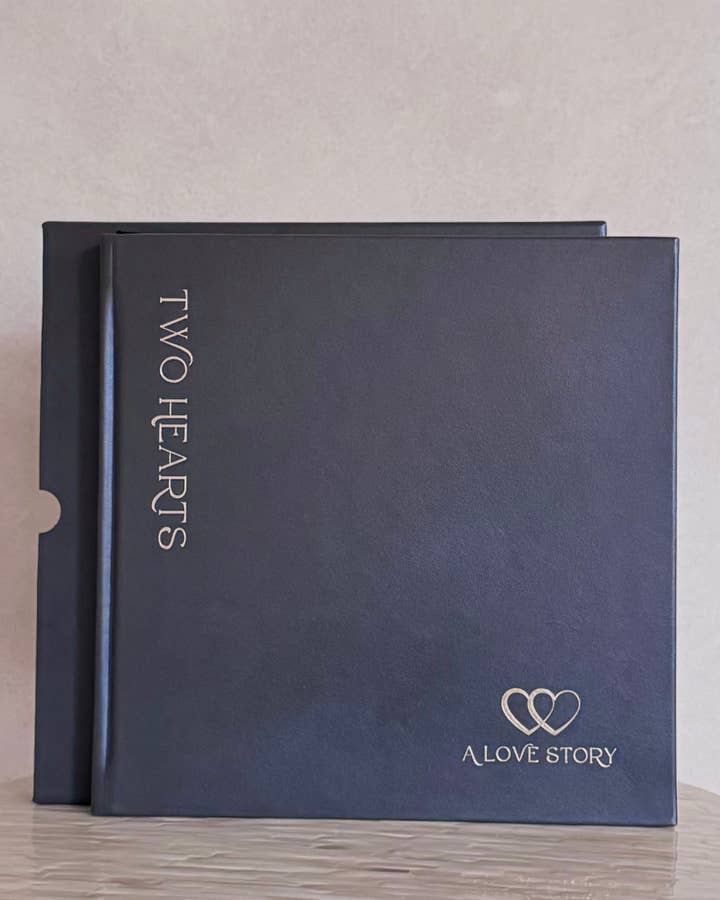Premium Gray Leather "Two Hearts - A Love Story" Couples Journal for wholesale on Faire0