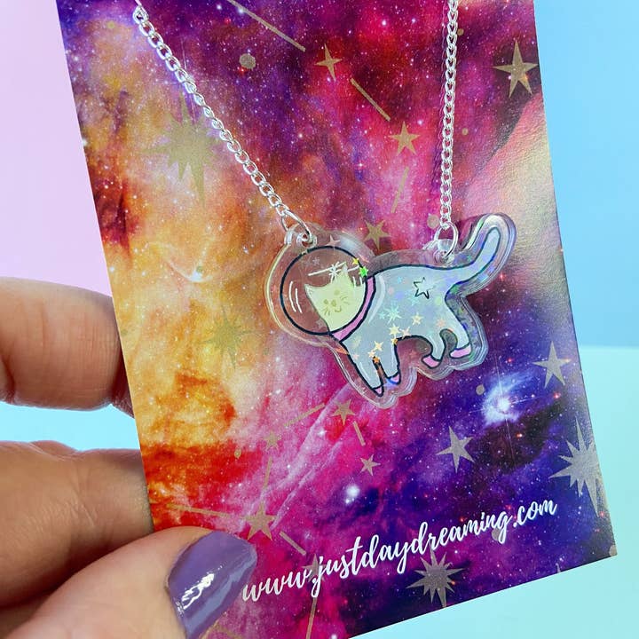 Space Cat Necklace, Holographic Star Jewellery for wholesale by Just Daydreaming