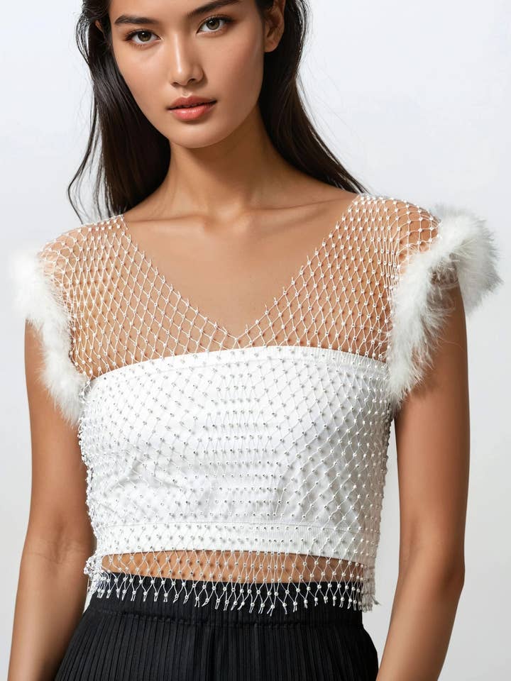 KATE HEWKO - Wholesale Blouse - Women's - Rhinestone Mesh Feather Trim Top
