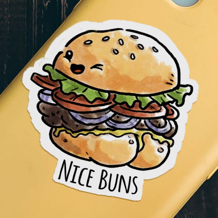 "Nice Buns" Cheeky Lewd Burger Food Pun Funny Sticker for wholesale by Aaron Millard Illustration