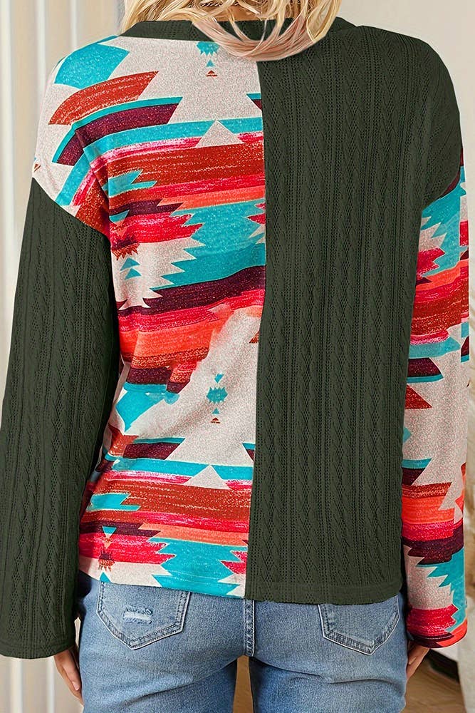UNISHE – wholesale Knit top – Women's – Aztec Splicing Long Sleeves V Neck Western Knitting Top ZK10838