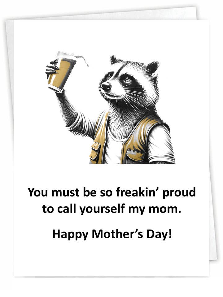 Funny Mother's Day Card - Raccoon Cheers - Blank Inside for wholesale by Blue Spark Card Co